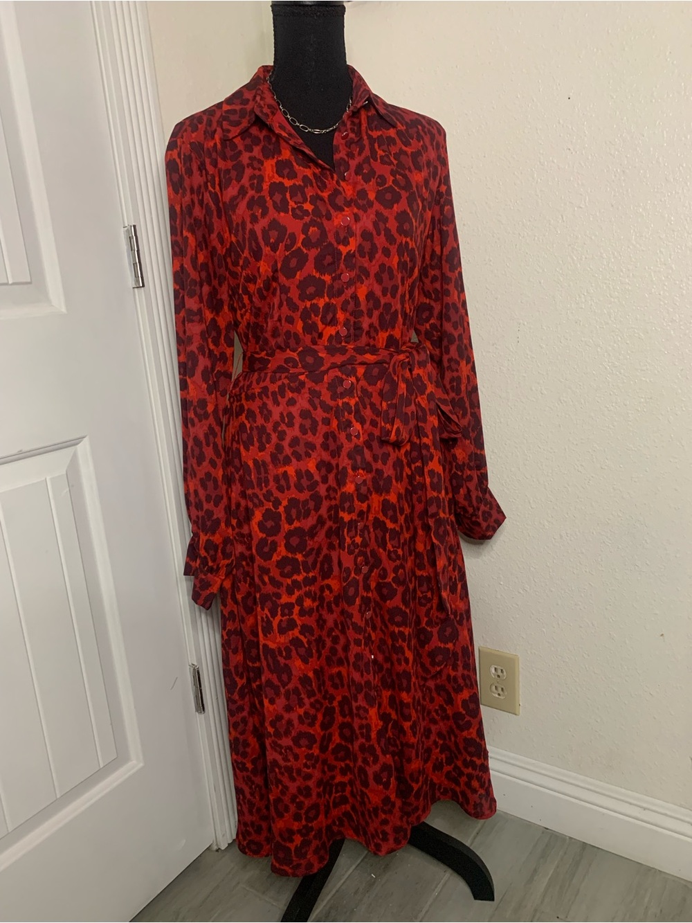 New York & Company Red and Black Leopard Print Long Sleeve Shirt Dress